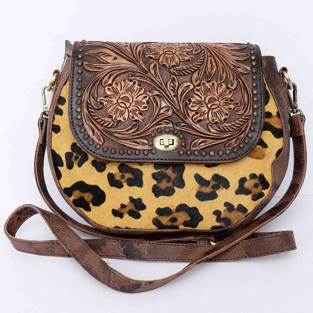 ADBGI220 Round Tooled Leather & Hair-On Crossbody Bag - Floral Flap Western Purse - ADBGI220C