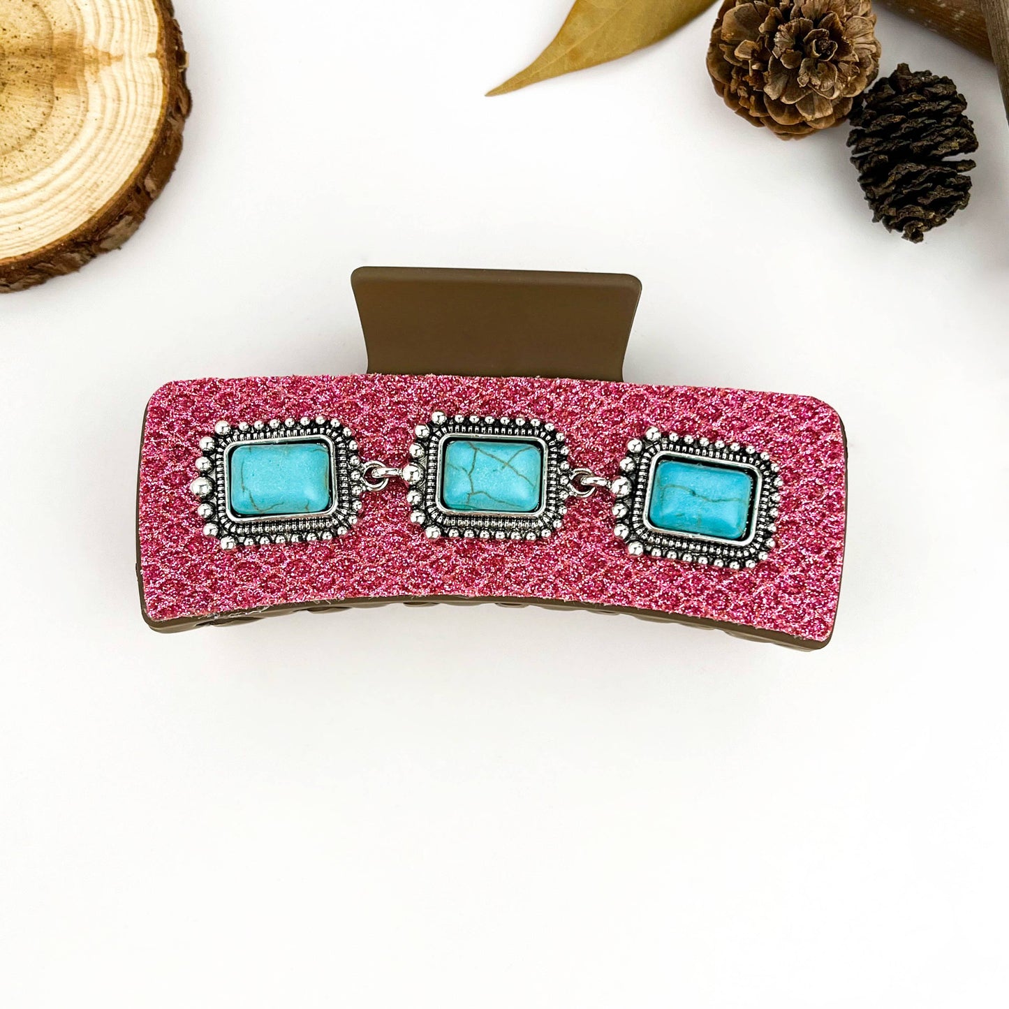 mildstyles - Boho Turquoise Pink Leather Rectangle Hair Claw Clip - C