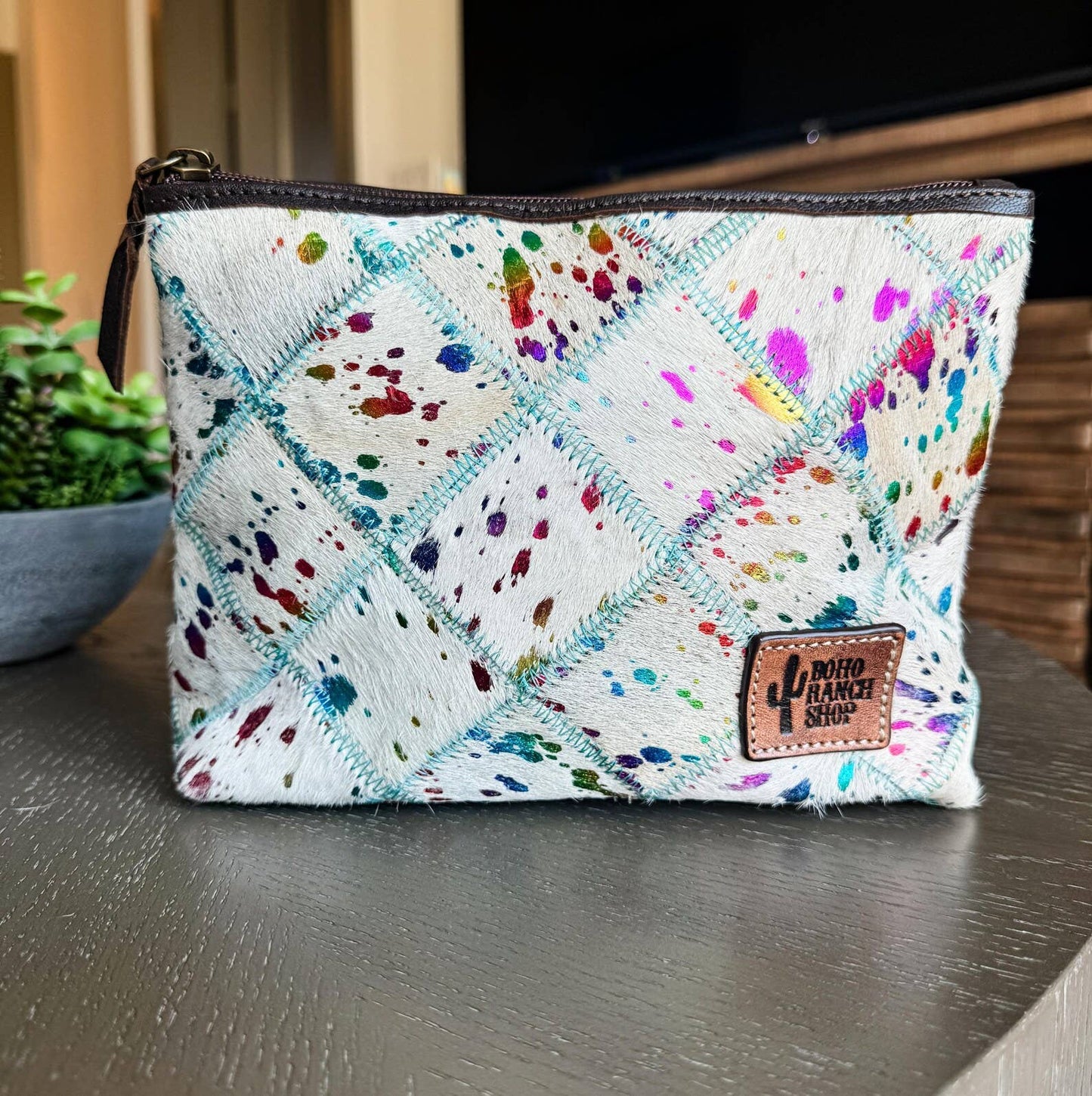 Boho Ranch Shop - Checkered Western Cowhide Makeup Bag Travel - LEOPARD + RAINBOW