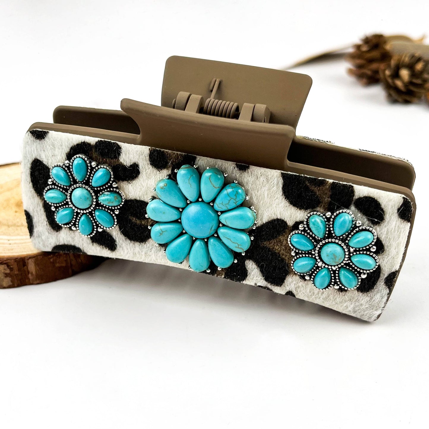 mildstyles - Boho Turquoise Leopard Print Leather Hair Claw Clip - G