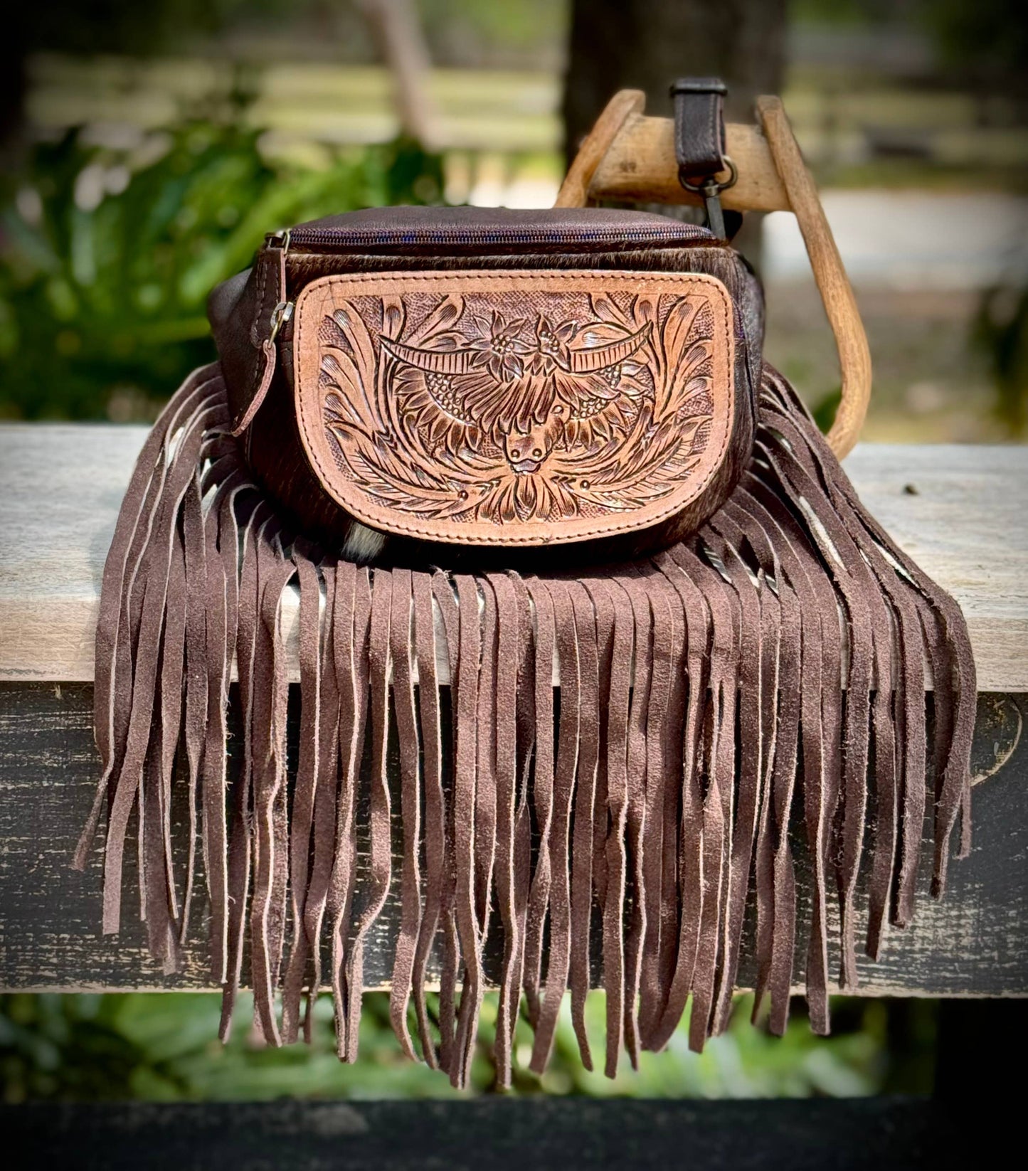 Southern Junkie Gypsy Boutique - Cowhide Leather Fanny Pack Sling Bag Highland Cow Western
