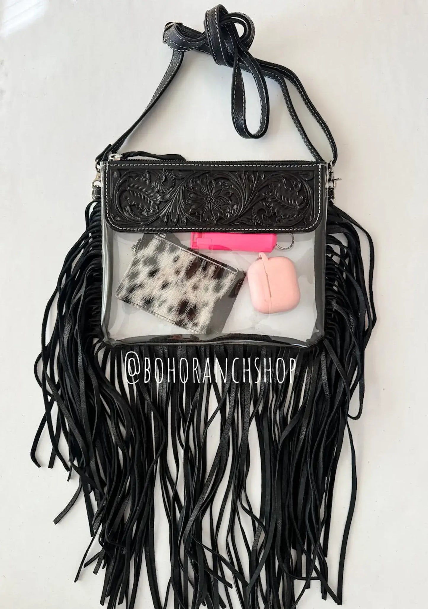 Boho Ranch Shop - Hand Tooled Clear Purse Crossbody - Concert Game Day Stadium - WHITE/ BLACK