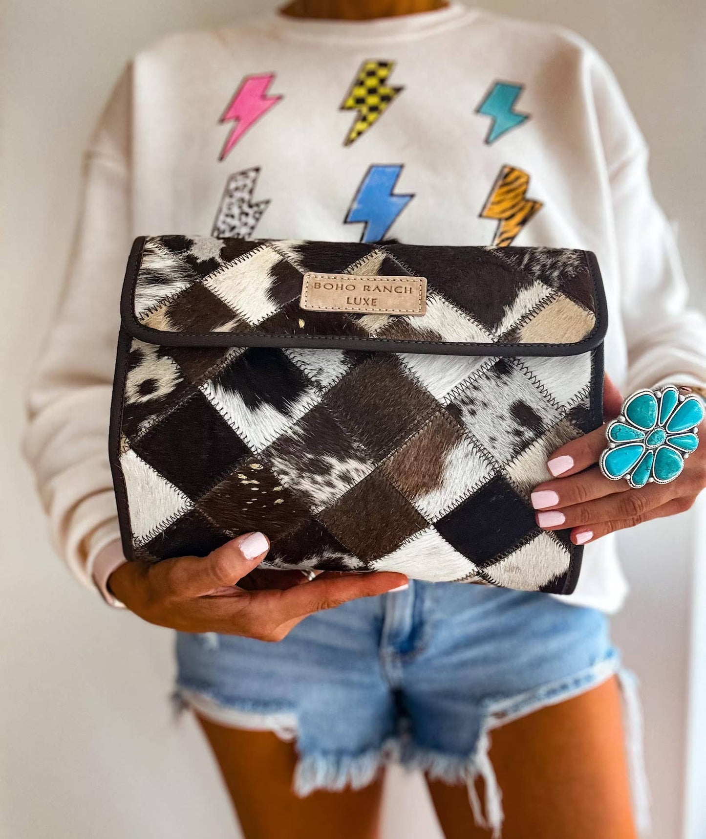 Boho Ranch Shop - BOHO LUXE FOLDABLE travel makeup jewelry bag Genuine Cowhide - BROWN + WHITE