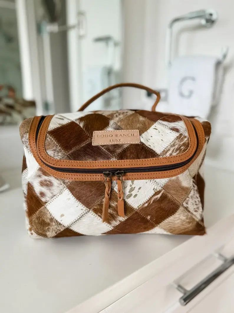 Boho Ranch Shop - BOHO LUXE TOILETRY bag Genuine Hair On travel storage  - Tan Leather