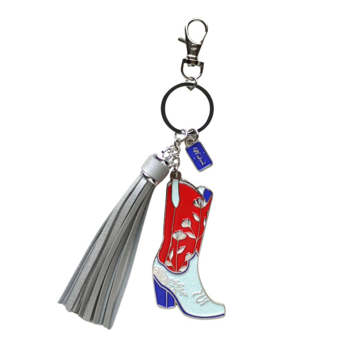 Sophisticated Country Lady - Patriotic Cowgirl Boot Keychain Bag Charm - Silver Tassel - Hanging Card