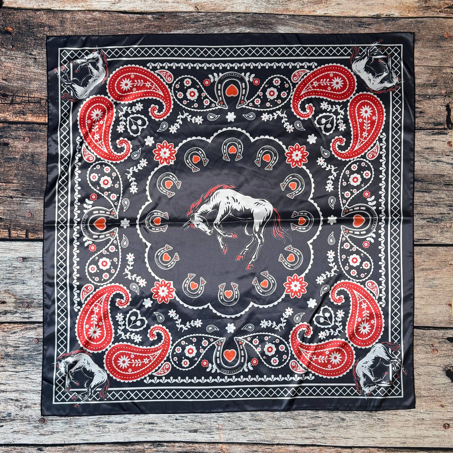 BANDANA HORSE PRINT SILK SCARF 36X36 - Black/Red