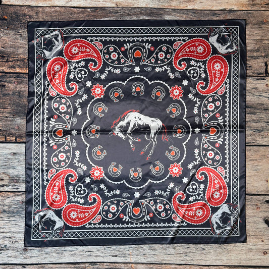 BANDANA HORSE PRINT SILK SCARF 36X36 - Black/Red