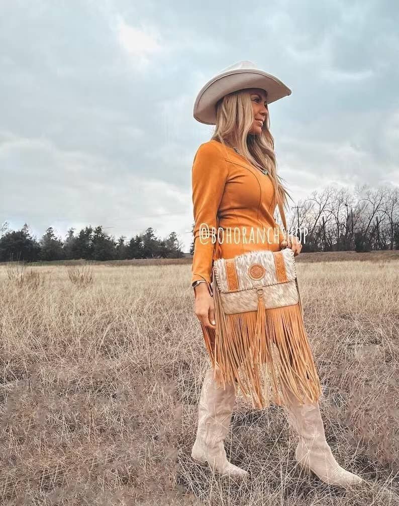 Boho Ranch Shop - THE REGINA CROSSBODY cowhide purse bag - BLACK LEATHER