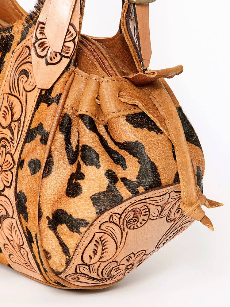 LS Western - ADBGA209 Western Floral Tooled Leather Cowhide Shoulder Handbag with Drawstring Tassel - ADBGA209B