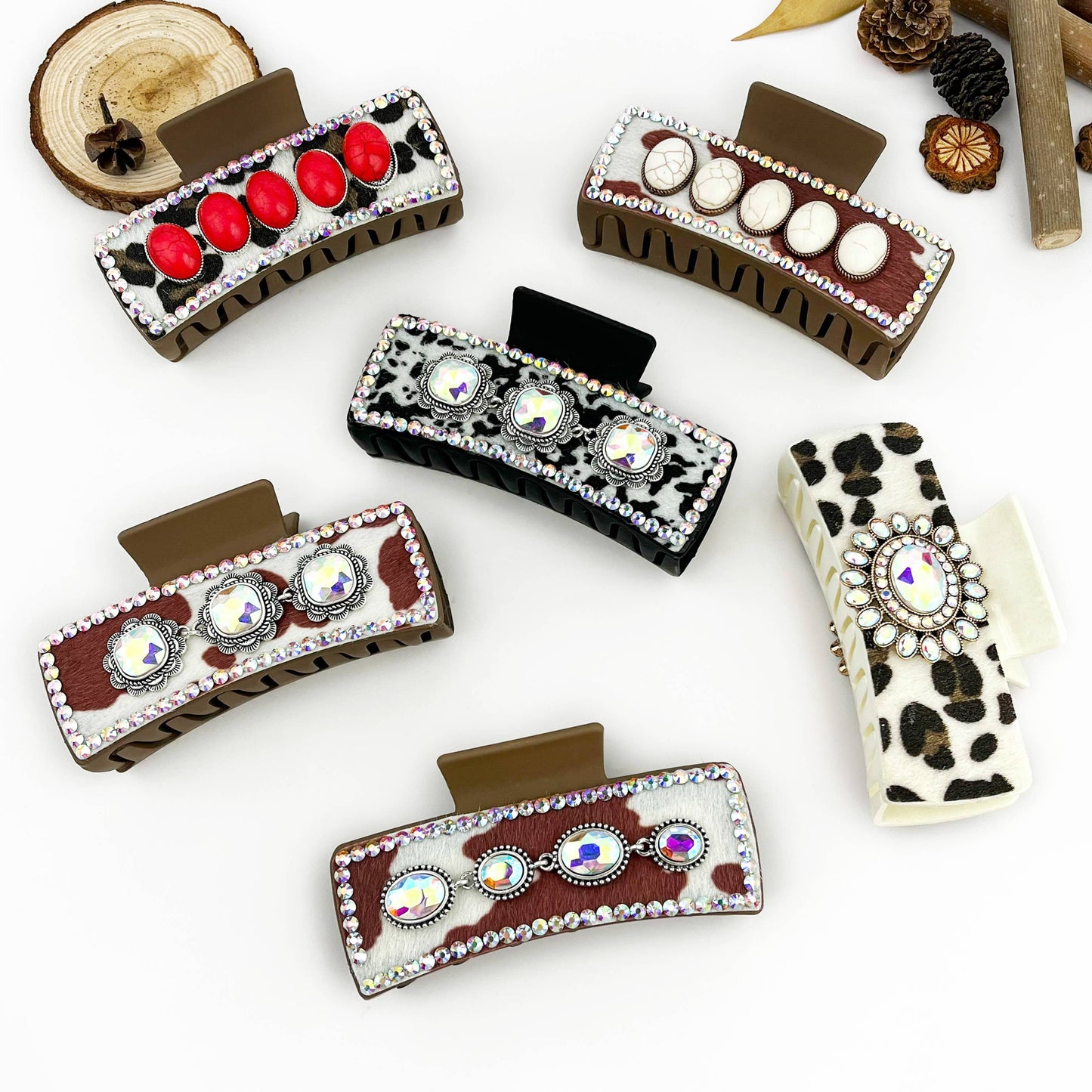 mildstyles - Vintage Western Cowboy Cow Print Rhinestone Hair Claw Clip - A