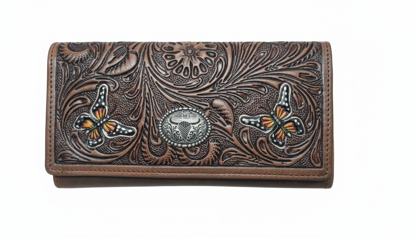 Leather Impressions Inc - Women’s Brown Leather Wallet Floral Butterfly ABLW 18-25201