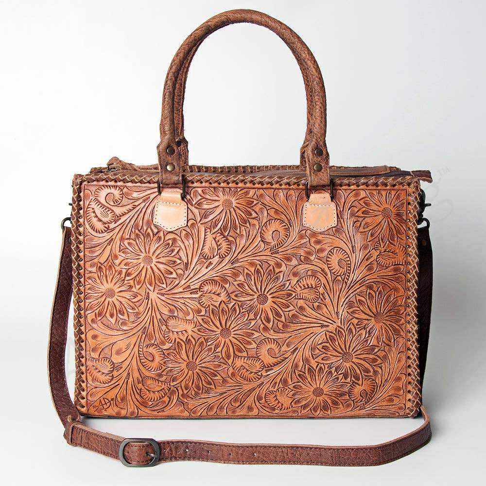 ADBG235 American Darling Western Leather Tote Bag - Hand Tooled Floral Carved Braided Purse - ADBG235J