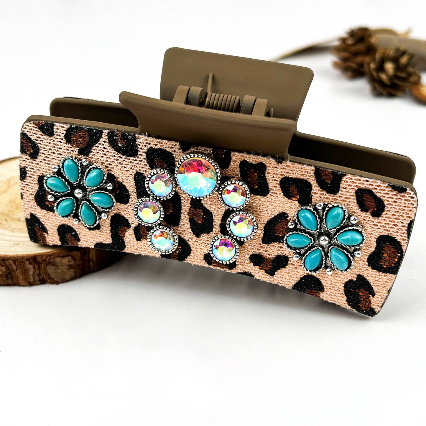 mildstyles - Boho Turquoise Leopard Print Leather Hair Claw Clip - H