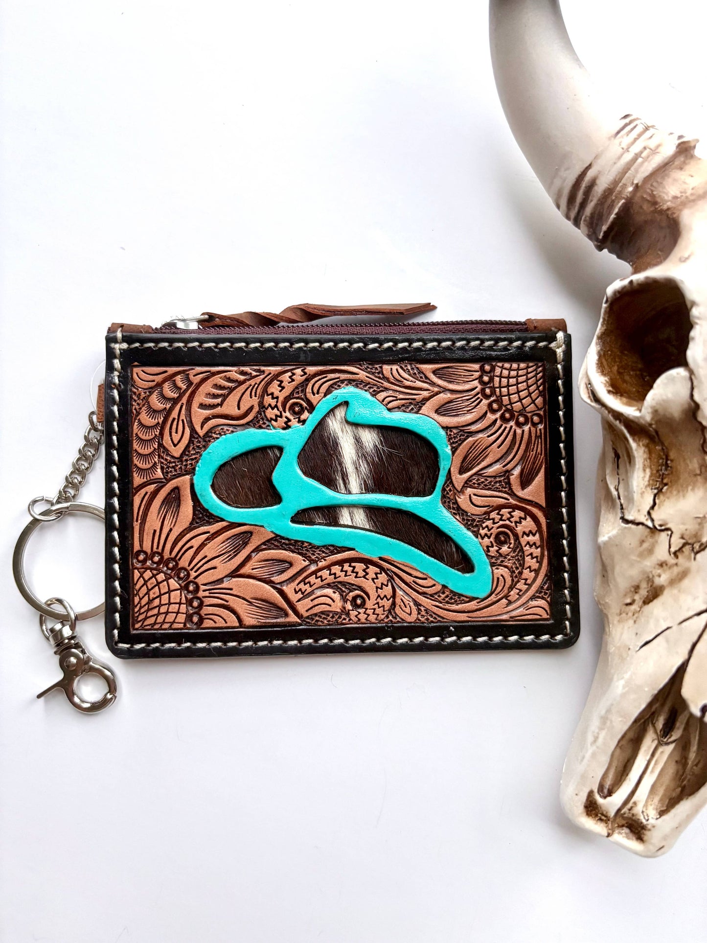 Boho Ranch Shop - Tooled Leather Keychain Wallet Thunderbird Longhorn Bow Hat - THUNDERBIRD