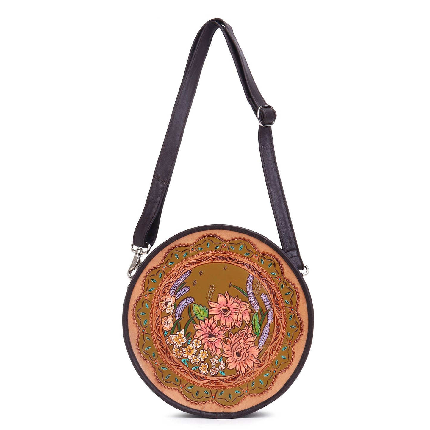Leather Cowhide Western Hand Tooled Women's Round Crossbody - Free Bird Hand Tooled with Tan White Cowhide Inlay.