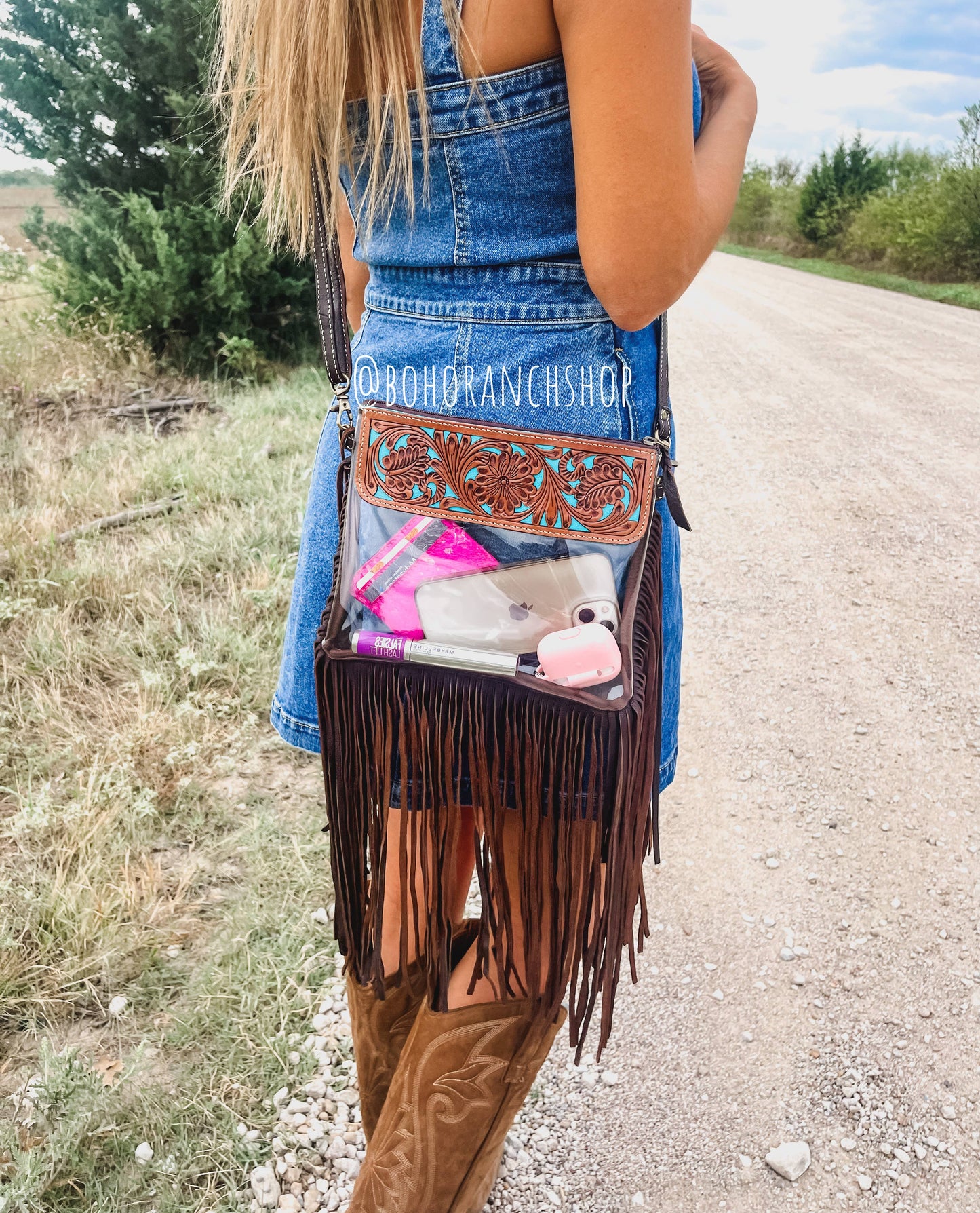 Boho Ranch Shop - Hand Tooled Clear Purse Crossbody - Concert Game Day Stadium - WHITE/ BLACK