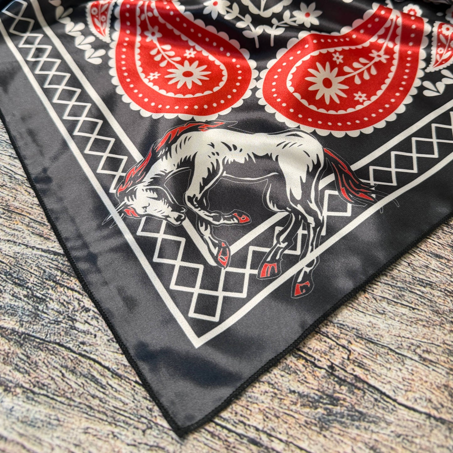 BANDANA HORSE PRINT SILK SCARF 36X36 - Black/Red