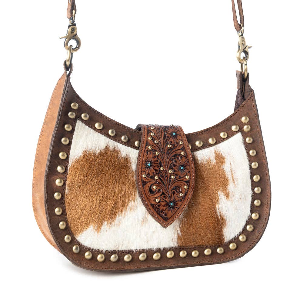 Myra Bag - Santa Fe Handtooled Bag for Women in Brown with hairon and studded detail - Brown