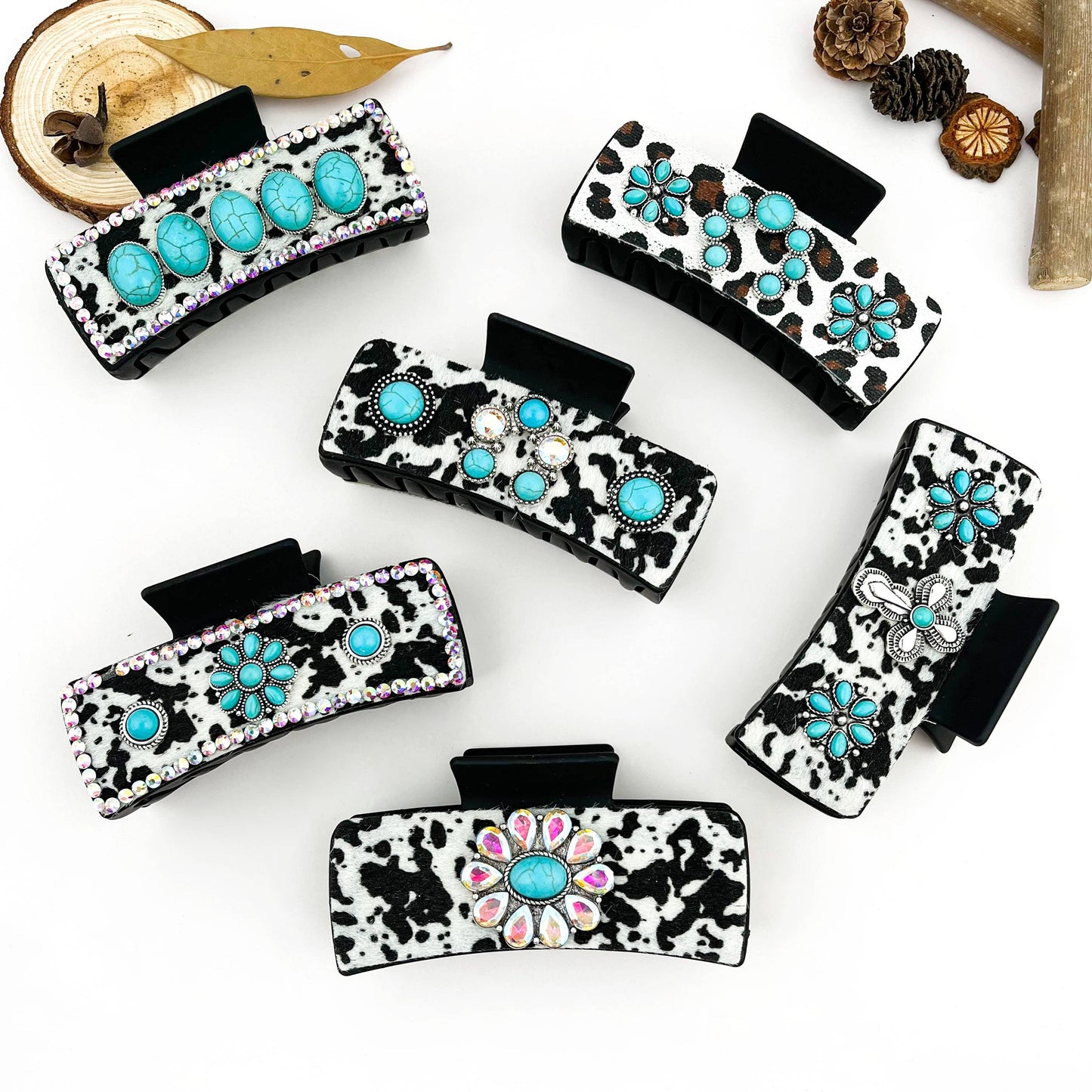 mildstyles - Western Cowboy Turquoise Cow Print Rhinestone Hair Claw Clip - B