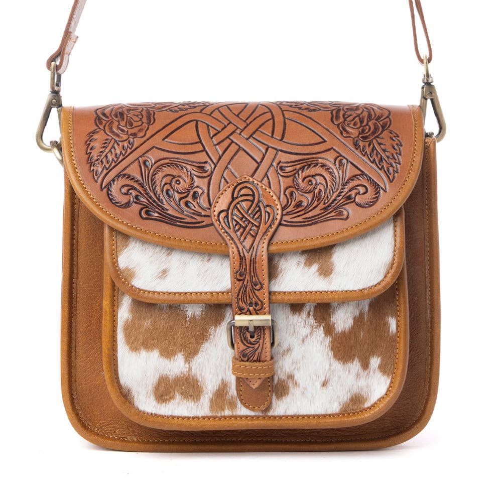Myra Bag - Cedar Range Handtooled Hairon Buckle Leather Bag in Chestnut Ivory - Chestnut Ivory