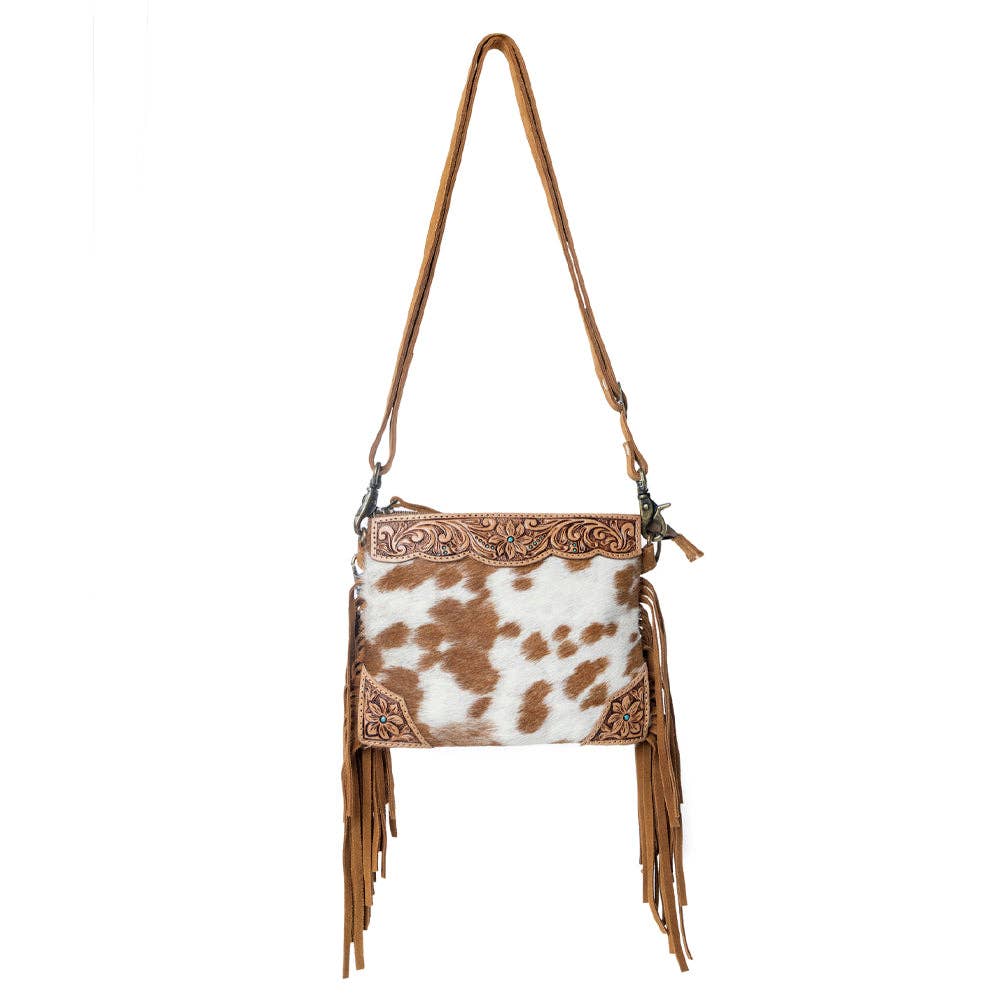 Myra Bag - Bourbon Trail Handtooled Bag for Women in brown with hairon and fringe detail - Brown & White