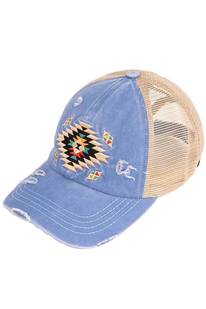 Hana - C.C Aztec Patch Distressed Criss-Cross Pony Cap - Gray