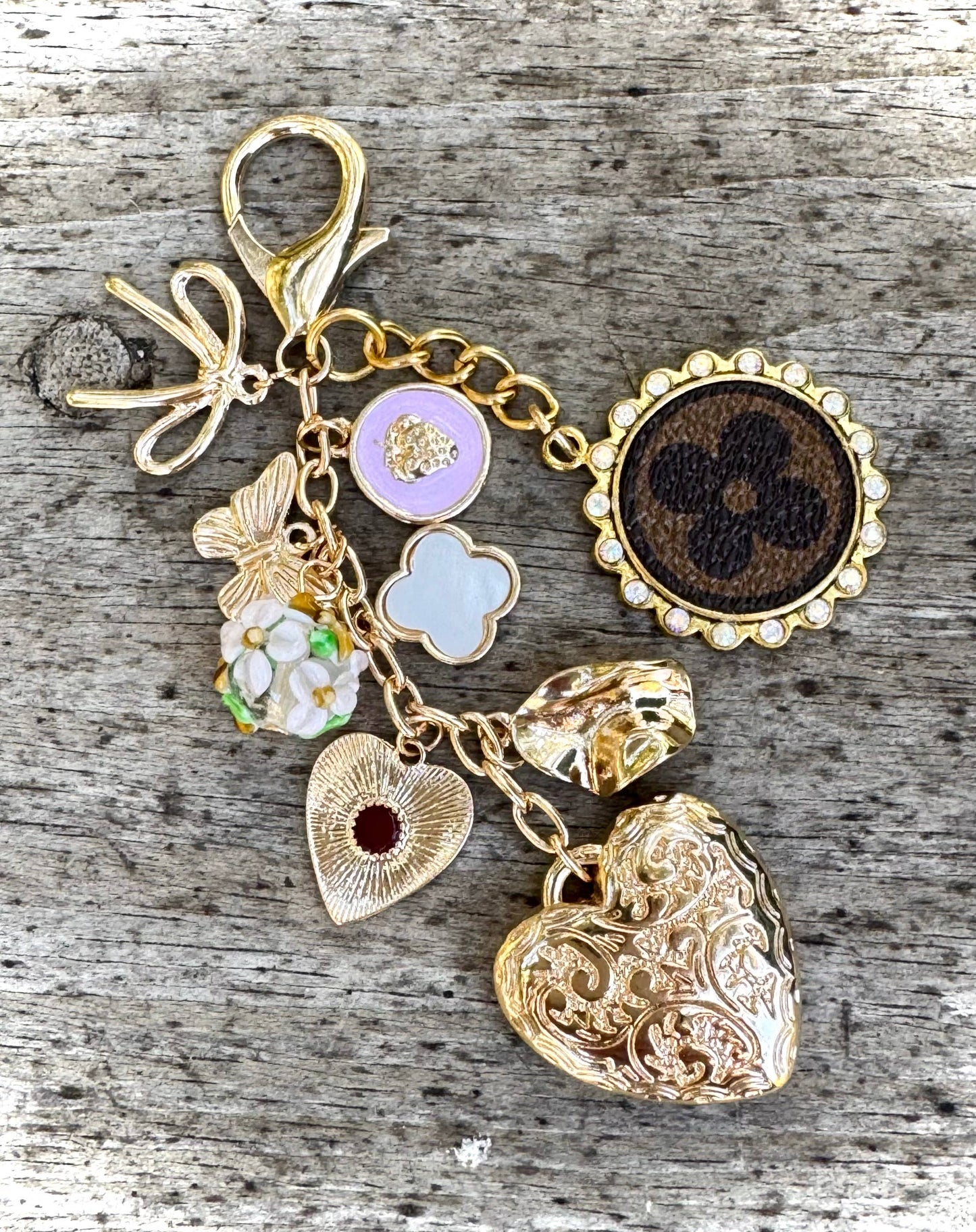 Upcycled LV Bag Charm Keychain Heart Western 