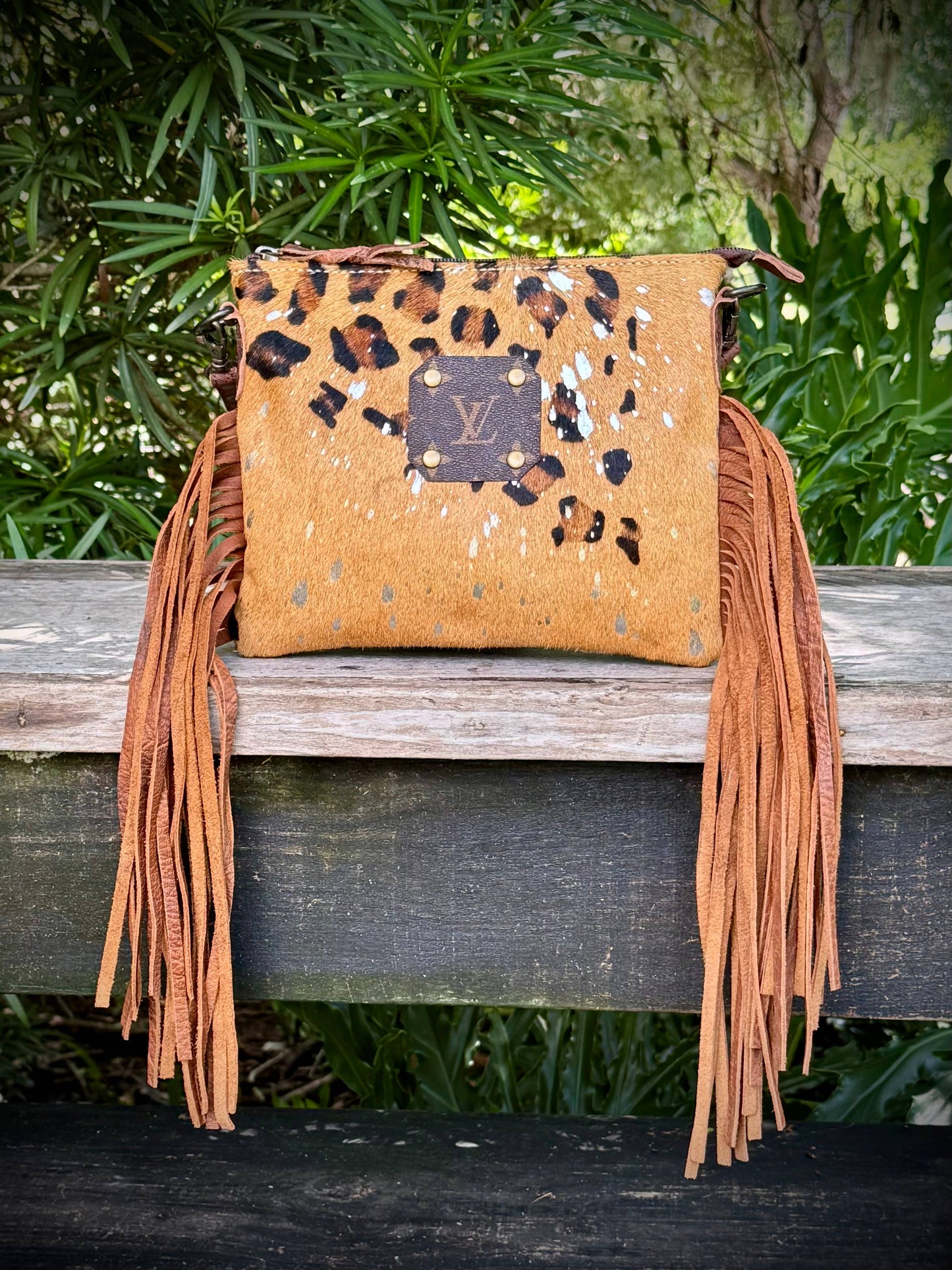 Southern Junkie Gypsy Boutique - Upcycled LV Leopard Print Cowhide Leather Fringe Crossbody 