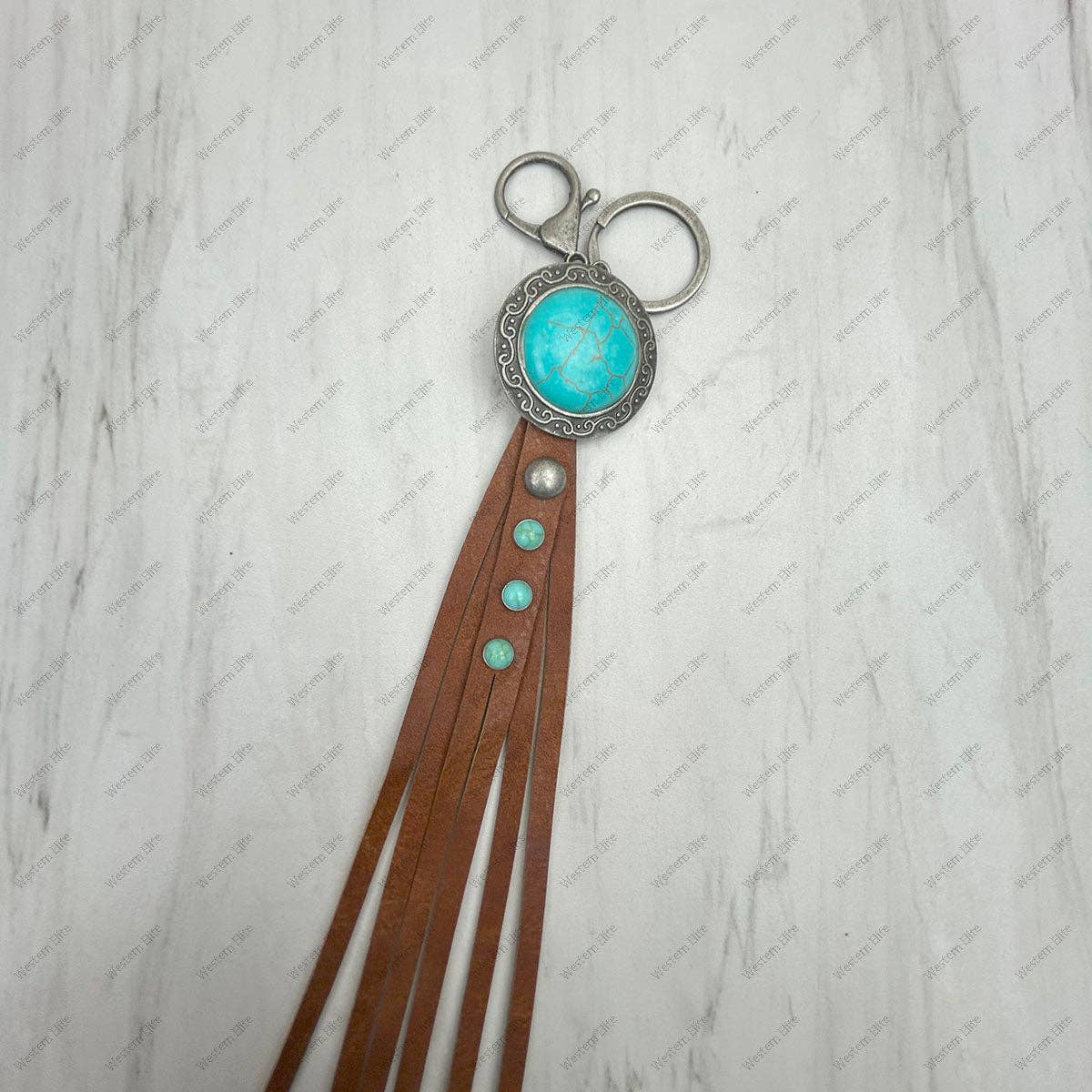 Western Elite Jewelry - NKY250121-57              Silver metal and blue turquoise stone with brown leather Key chain