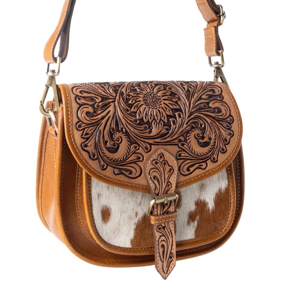 Myra Bag - Goldrush Saddle handtooled Bag for Women in saddle tan with hair-on detail - Saddle Tan