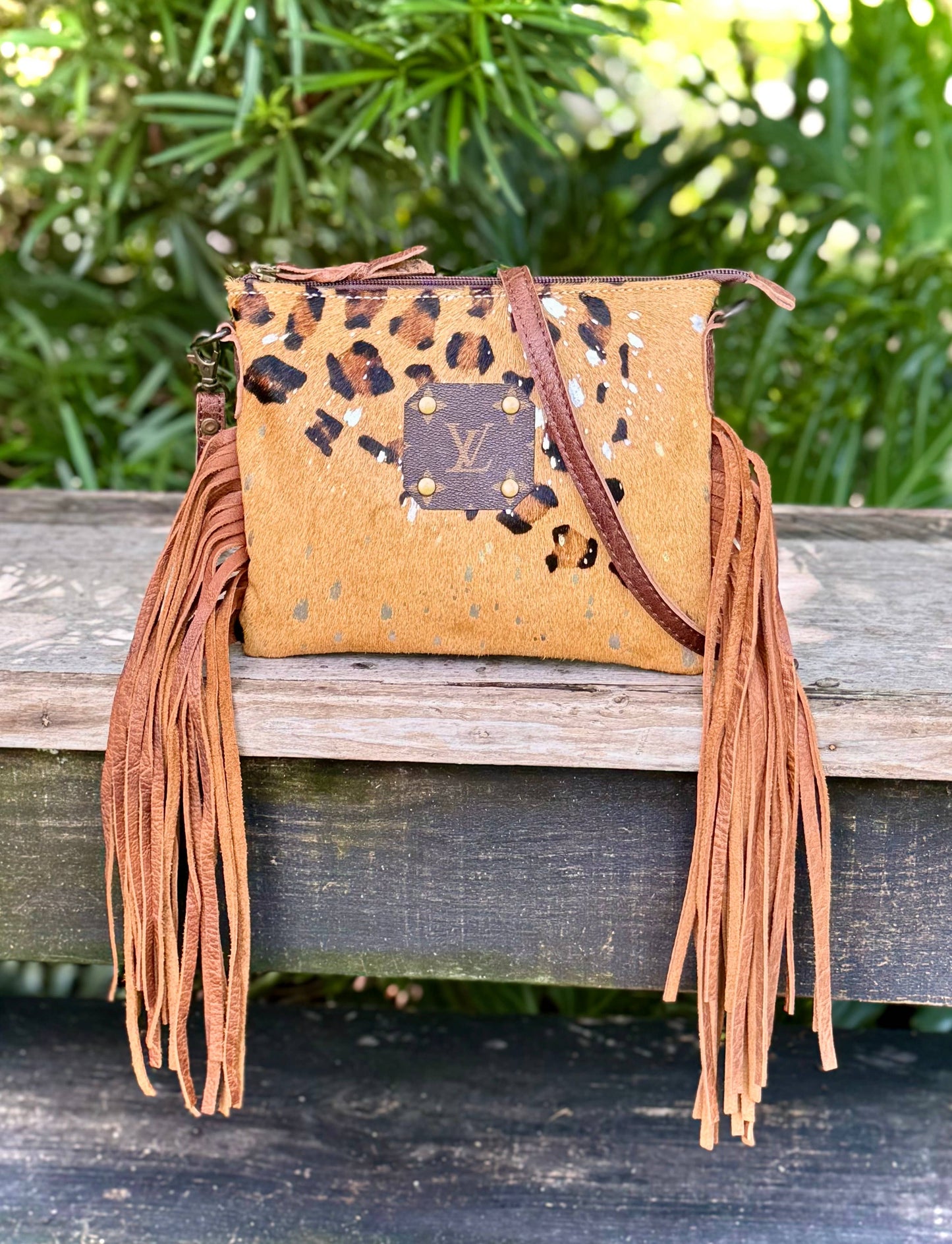 Southern Junkie Gypsy Boutique - Upcycled LV Leopard Print Cowhide Leather Fringe Crossbody 