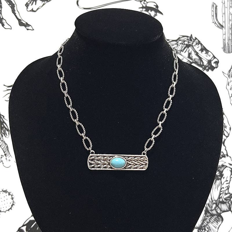 YK Trading Inc - Western Turquoise Semi Stone Bar Necklace - Turquoise/Silver