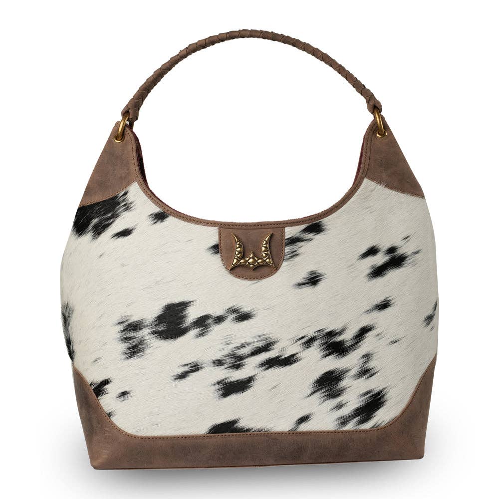Myra Bag - LW Large Purse - Black & White Cowhide with Oiled Brown Leather - Black & White