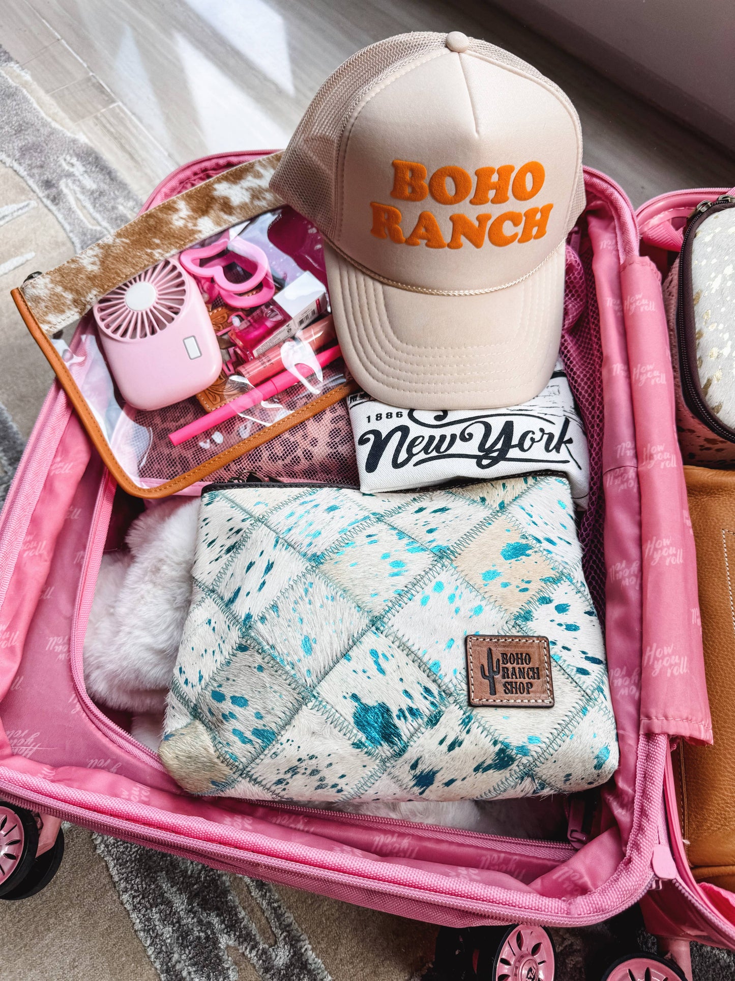 Boho Ranch Shop - Cowhide Clear Toiletry Makeup Bag, organizer Travel Pouch - TAN + WHITE COWHIDE