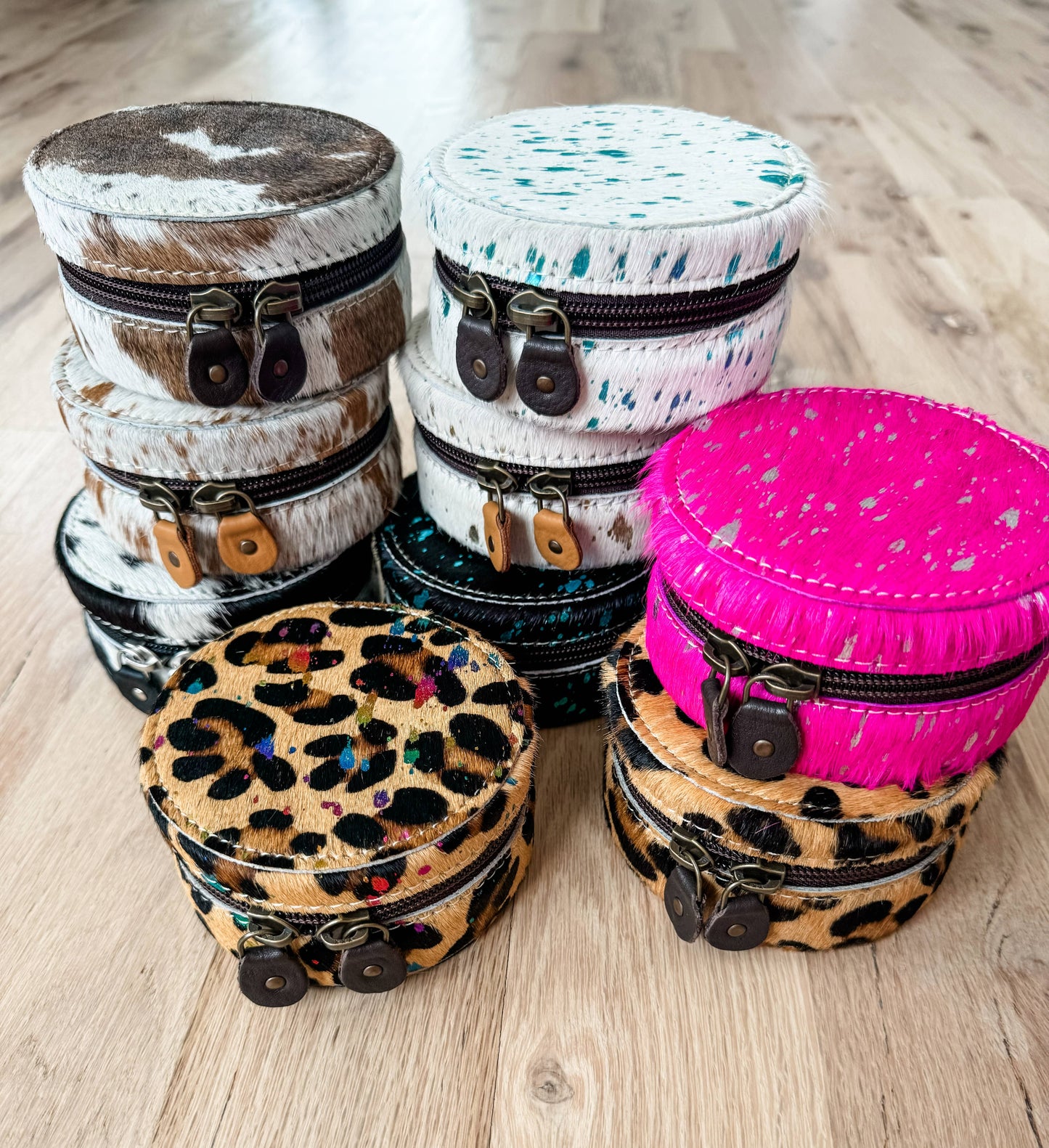 Boho Ranch Shop - MINI COWHIDE ROUND JEWELRY BOX Western travel storage gifts - BLACK + WHITE COWHIDE