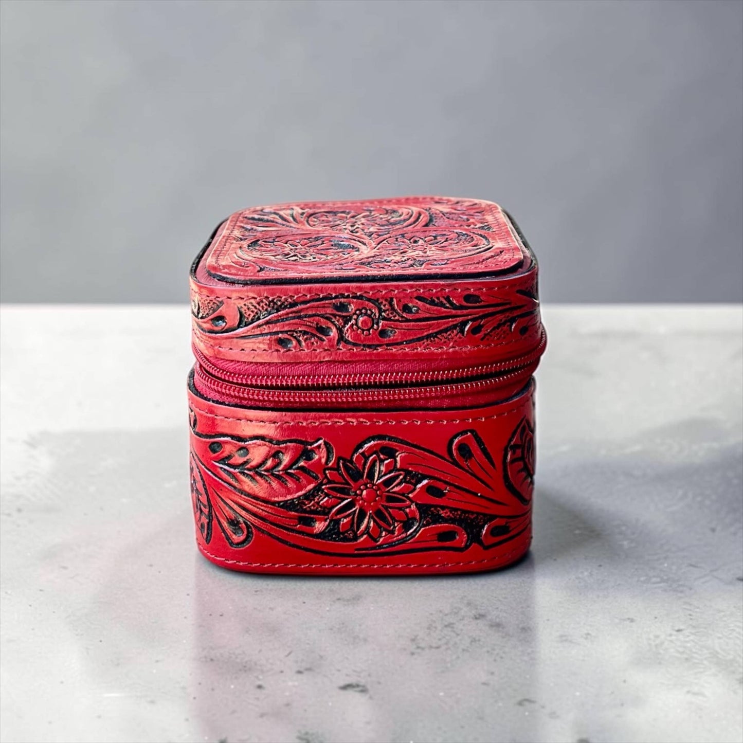 Red small tooled leather jewelry box