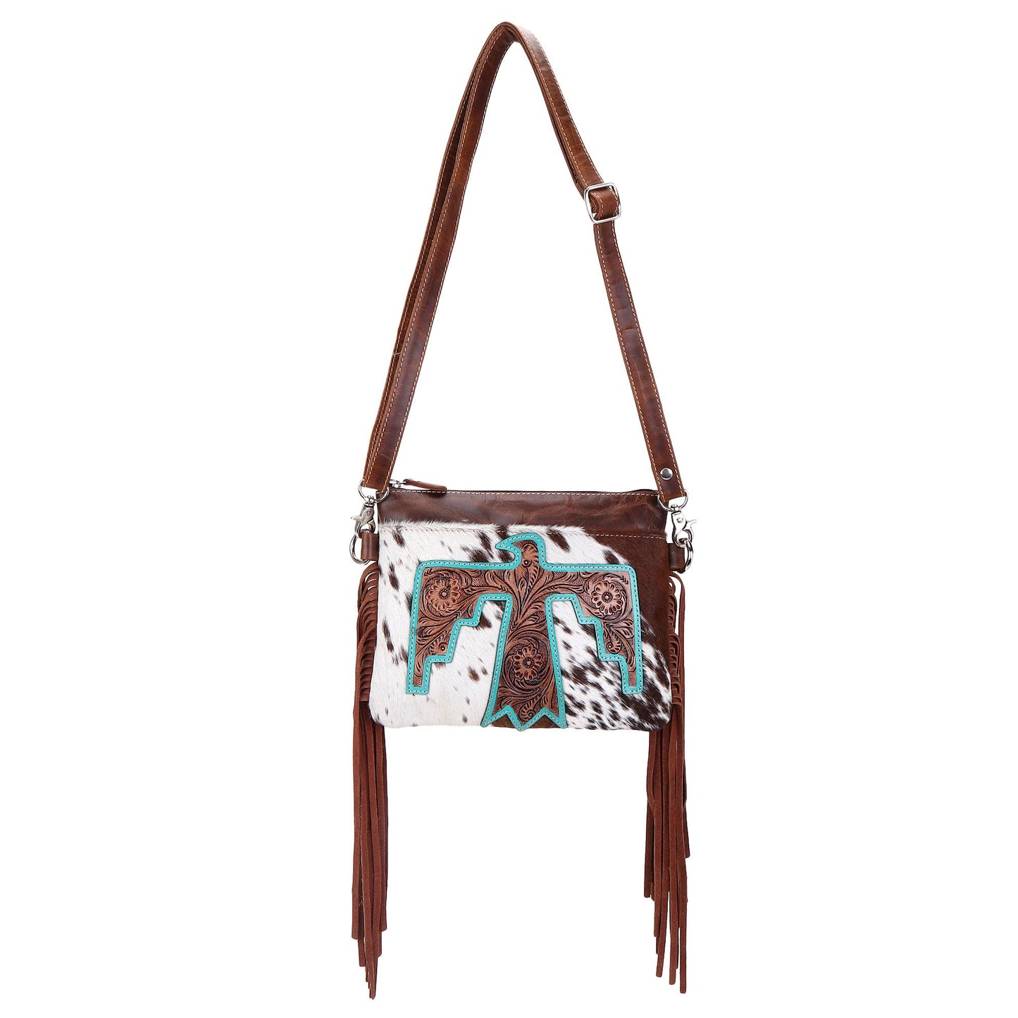 Leather Cowhide Western Hand Tooled Women's Small Crossbody - Freebird Rustic Brown with Cowhide