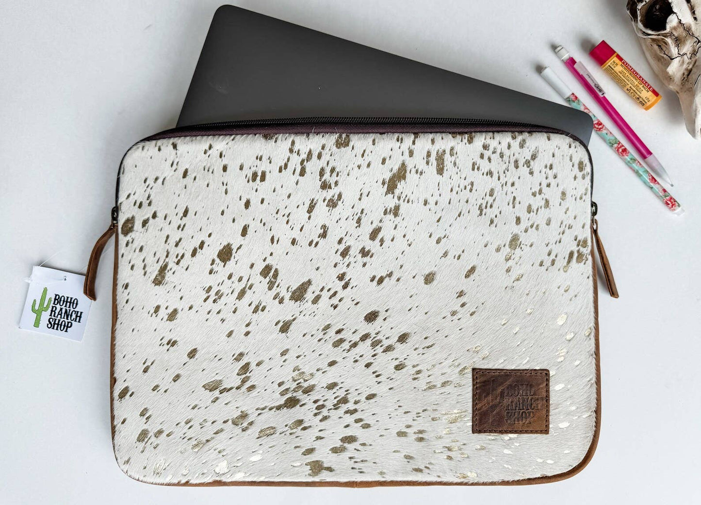 Boho Ranch Shop - Cowhide Laptop Computer Tech Sleeve Pouch - Leather Back - BROWN + TURQUOISE - LARGE