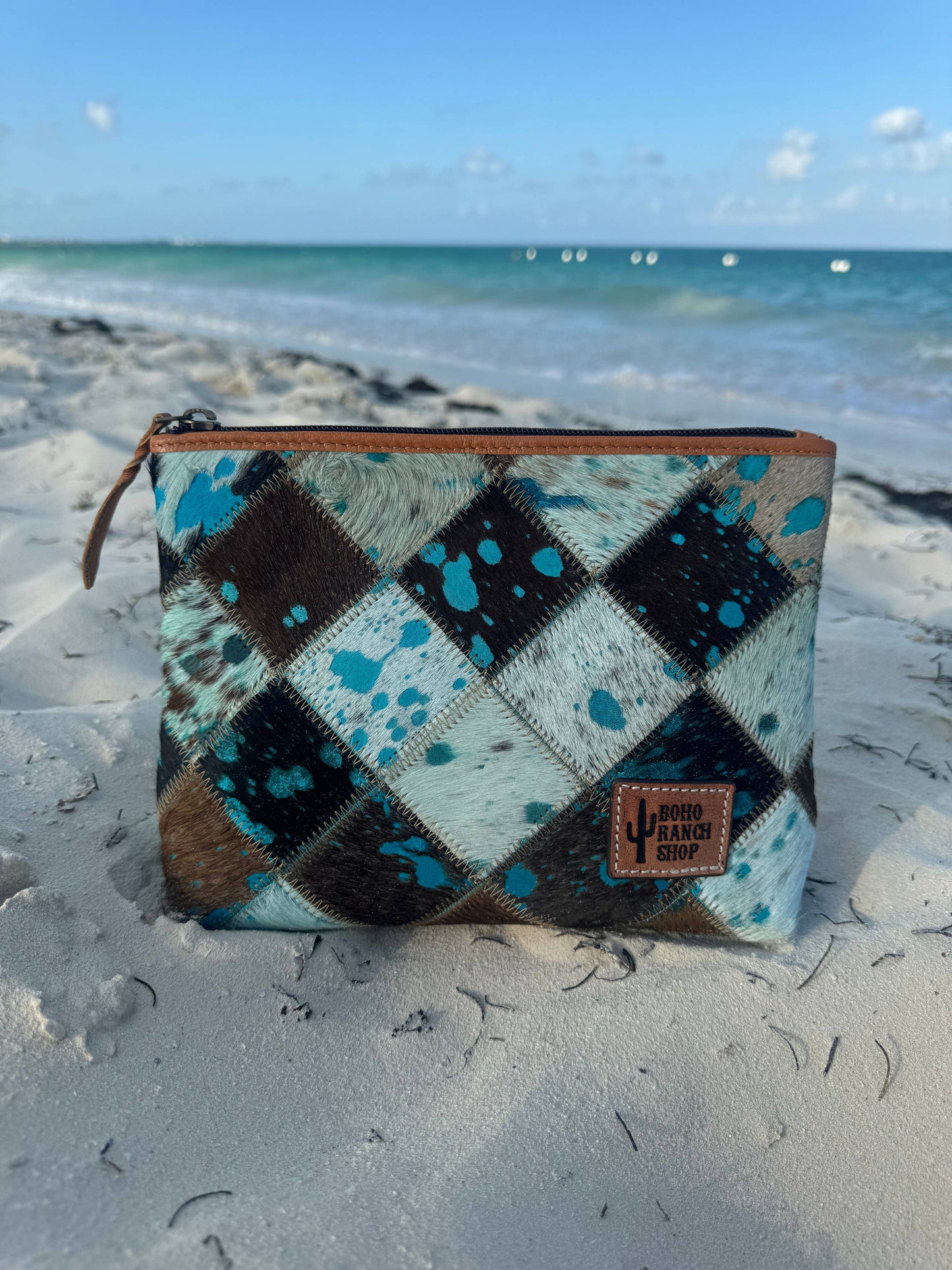 Boho Ranch Shop - Checkered Western Cowhide Makeup Bag Travel - BROWN + TURQUOISE
