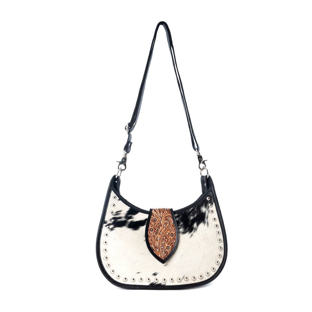 Myra Bag - Santa Fe Handtooled Bag for Women in Black with hairon and studded detail - Black
