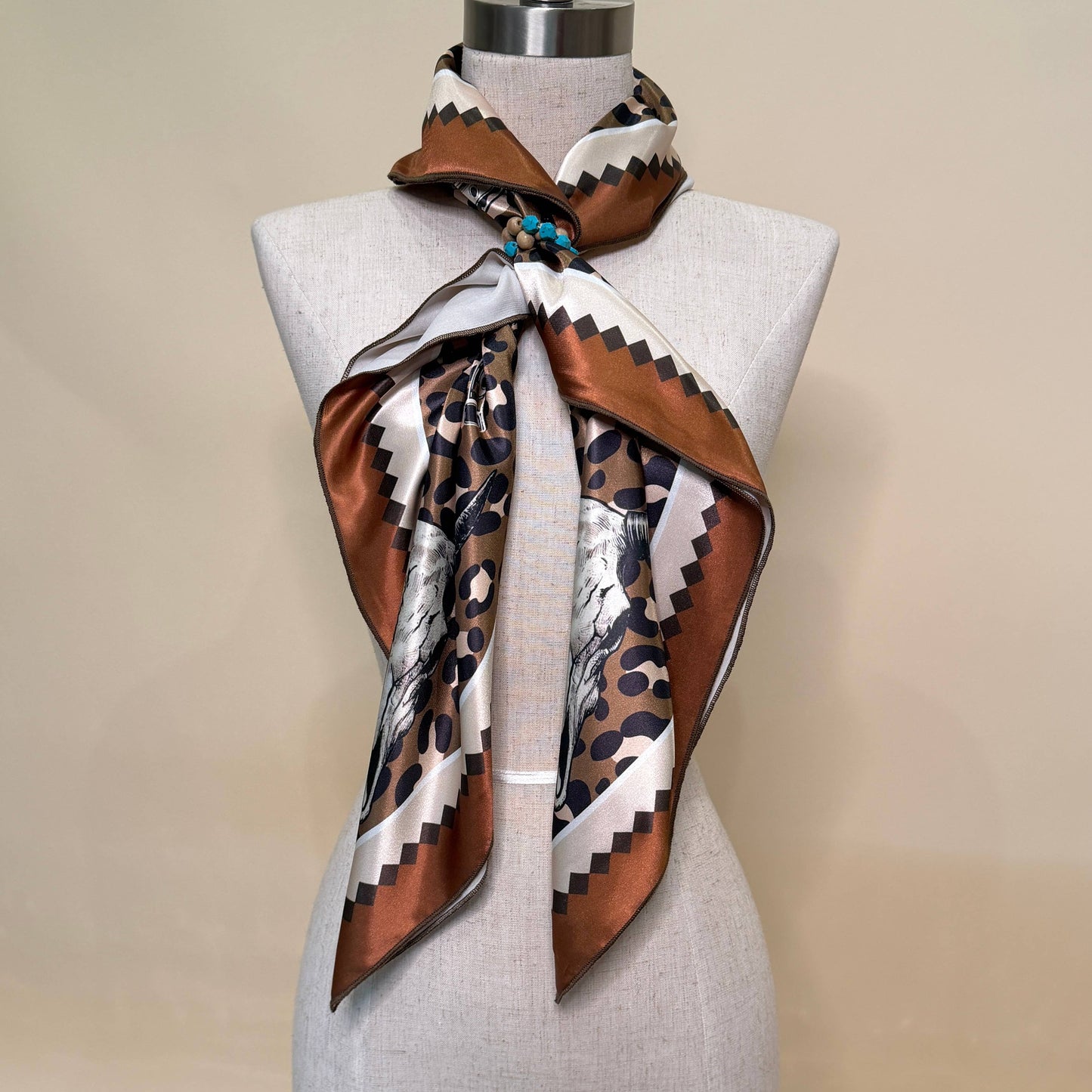 WESTERN RODEO PRINT SILK SCARF 36X36 - Mocha/Turquoise
