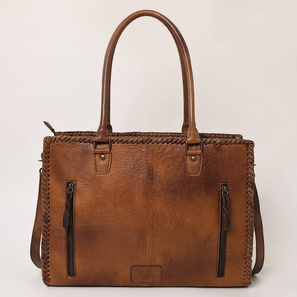 ADBG235 American Darling Western Leather Tote Bag - Hand Tooled Floral Carved Braided Purse - ADBG235J