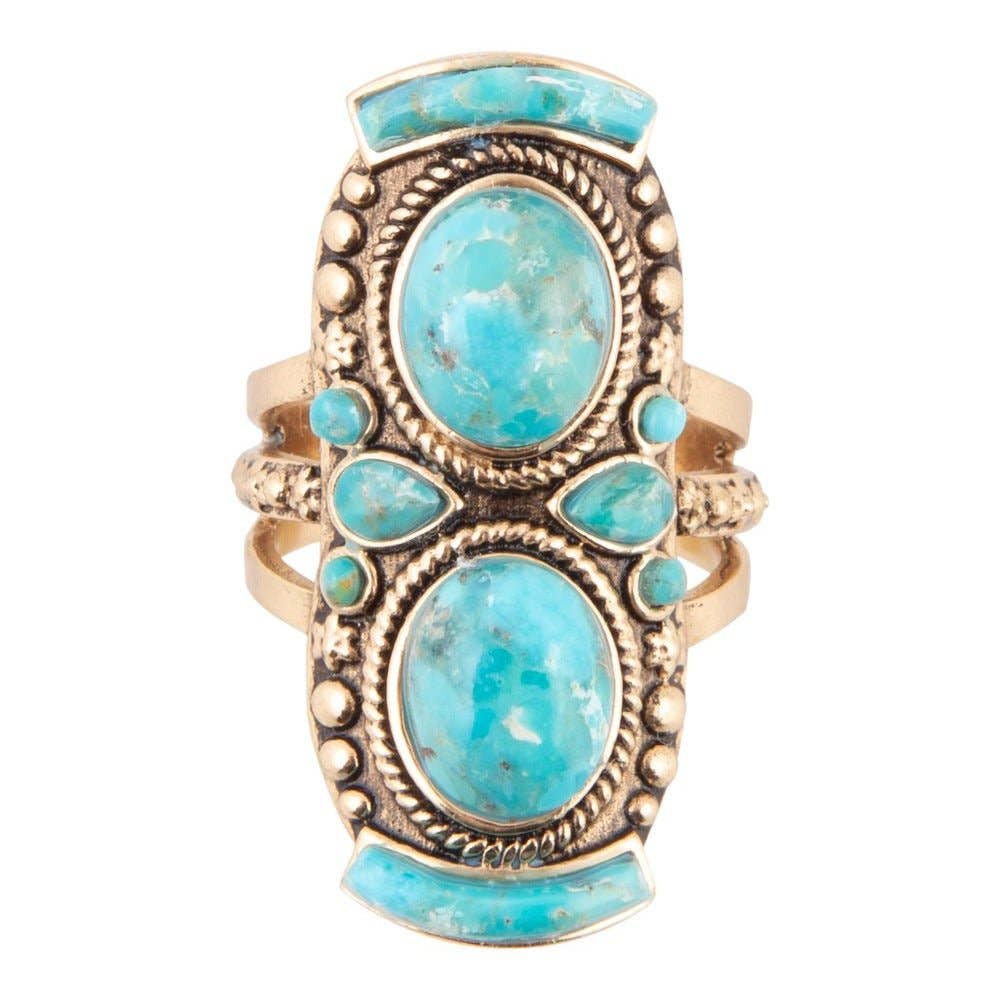 Barse Jewelry - Double Blue Turquoise Golden Shield Ring - 7