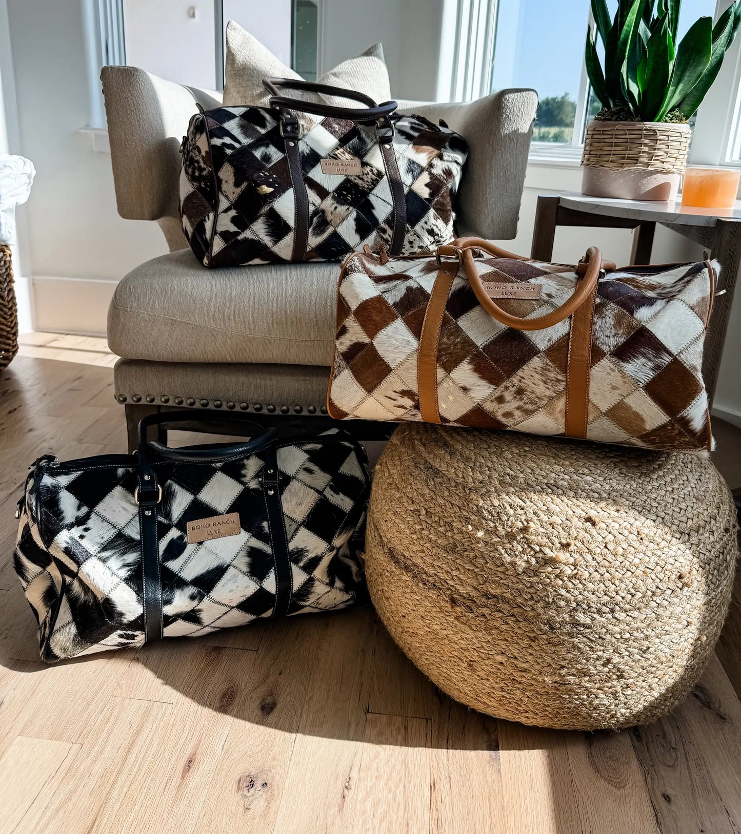 Boho Ranch Shop - BOHO LUXE DUFFLE Weekender Leather HairOn Cowhide Travel Bag - Brown +White Cowhide