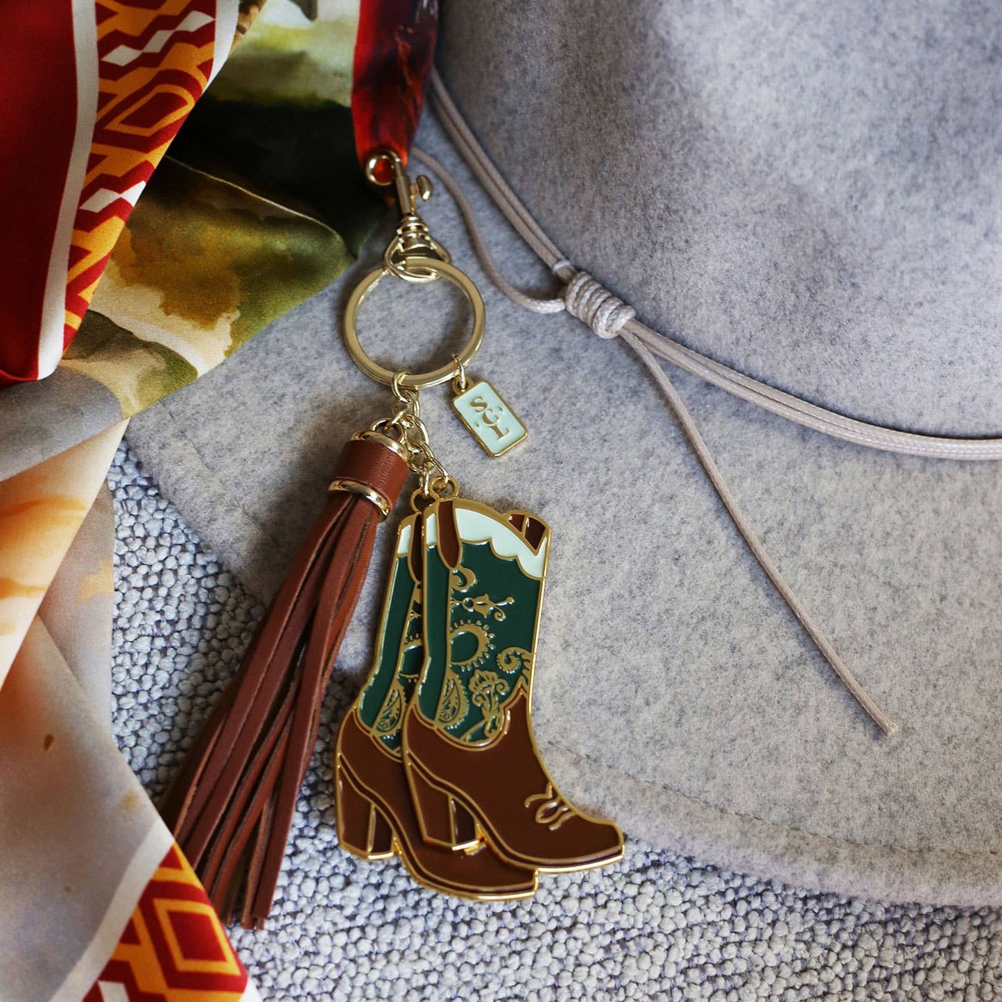 Sophisticated Country Lady - Emerald Paisley Cowgirl Boots Enamel Keychain Bag Charm - Hanging Card