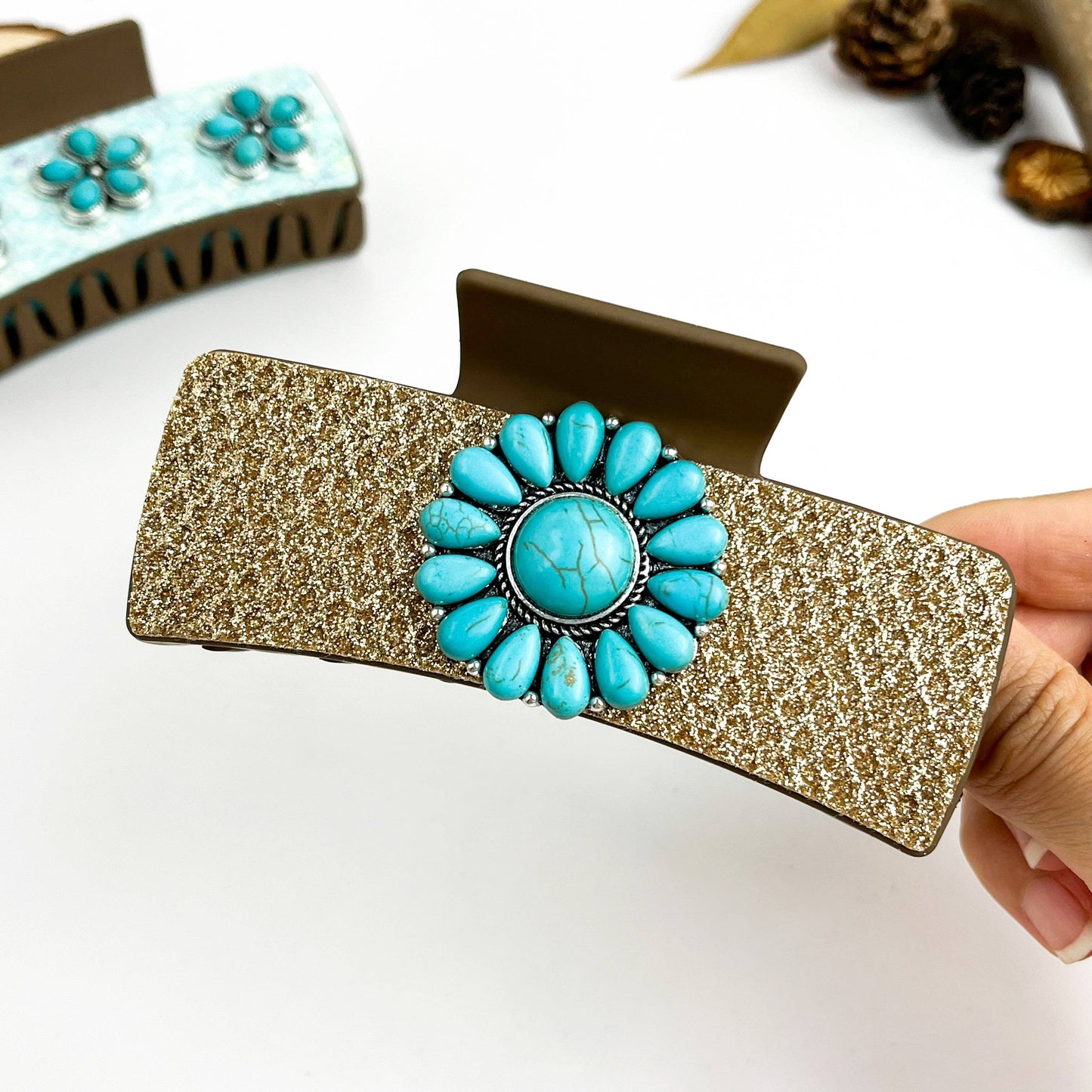 Boho Turquoise Floral PU Rectangle Hair Claw Clip - B