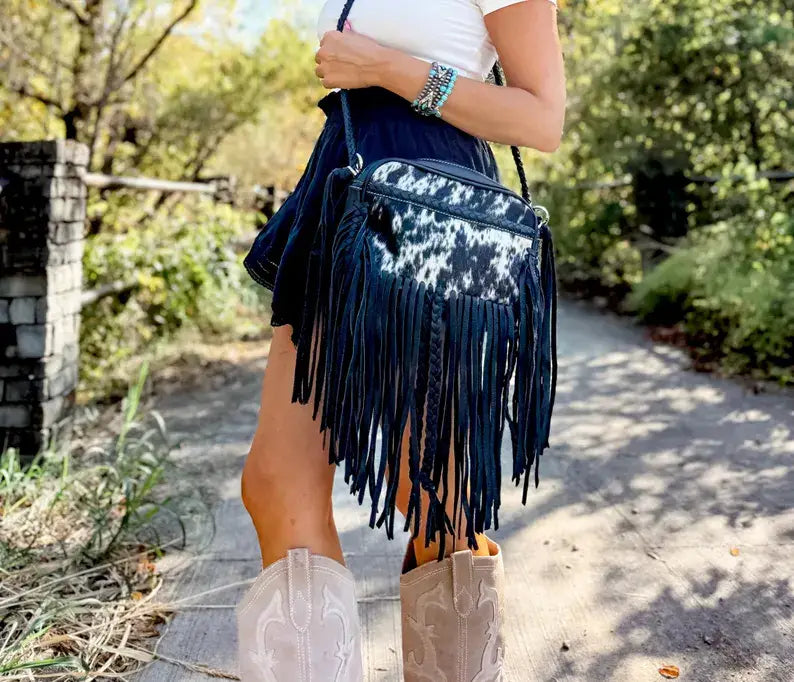 Boho Ranch Shop - THE MEGAN CROSSBODY cowhide Western Tooled Leather purse - BROWN + WHITE COWHIDE