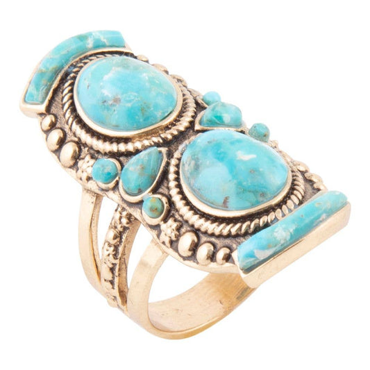 Barse Jewelry - Double Blue Turquoise Golden Shield Ring - 7