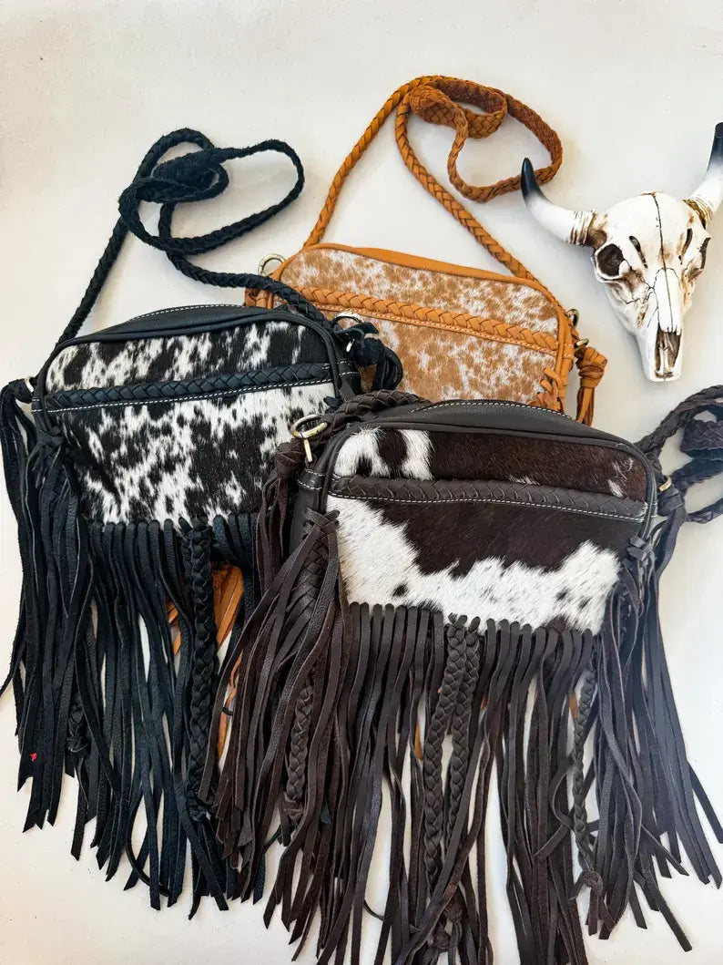 Boho Ranch Shop - THE MEGAN CROSSBODY cowhide Western Tooled Leather purse - BROWN + WHITE COWHIDE