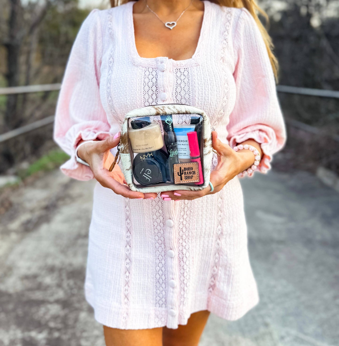 Boho Ranch Shop - Cowhide Cosmetic Clear Case - Toiletry Makeup Travel Bag - BROWN + TURQUOISE SPECS